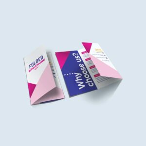 Folded 6pp brochure with pink and purple graphics