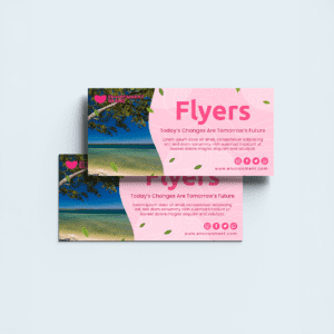 Stacked environmental awareness flyers featuring a tropical beach scene with clear water and a tree, paired with pink text and design elements promoting the message 'Today's Changes Are Tomorrow's Future.