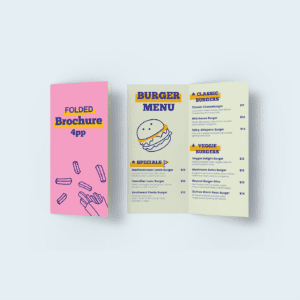 Colorful bifold brochure 4pp for a burger restaurant, featuring a bold menu design with food illustrations and playful typography.