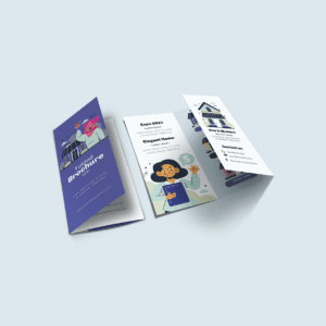 Real estate-themed folded brochure mockup with a purple cover and interior pages showcasing illustrations of homes, a property expo, and contact information.