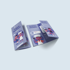 Educational folded brochure mockup with a school theme, featuring cartoon characters, program details, and sections on fun learning activities.
