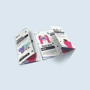 Mental health awareness folded brochure mockup with illustrations of hands, brains, and supportive text, including 'You Are Not Alone' and contact details.