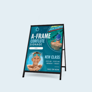 Black corflute a-frame signage advertising a swimming class