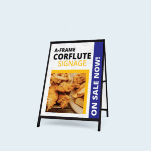 Black corflute a-frame signage for a fish and chips takeaway shop