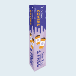 Bollard cover artwork with a purple and lavender design, coffee cup illustrations, and text promoting a 'Buy 1 Get 1 Free' offer.