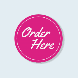 Bright pink circle custom cut corflute signage with the words 'Order Here' for a hospitality setting