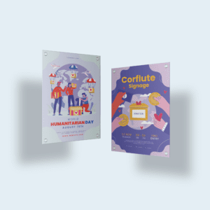 Corflute signage with 4 eyelets promoting events for non-profit organisations