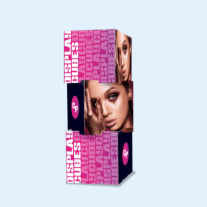 Pink stackable display cubes advertising makeup with an image of a beautiful woman