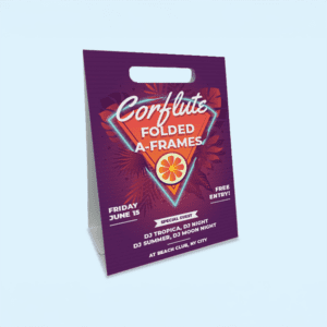 Folded corflute a-frame sign with a carry handle promoting an event at a hospitality venue