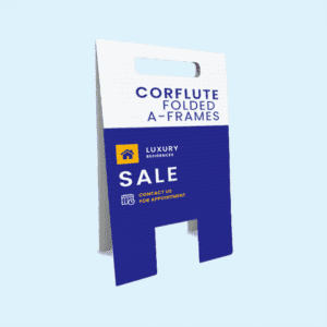 Folded corflute a-frame sign with a carry handle and legs for a real estate agency advertising a modern home for sale