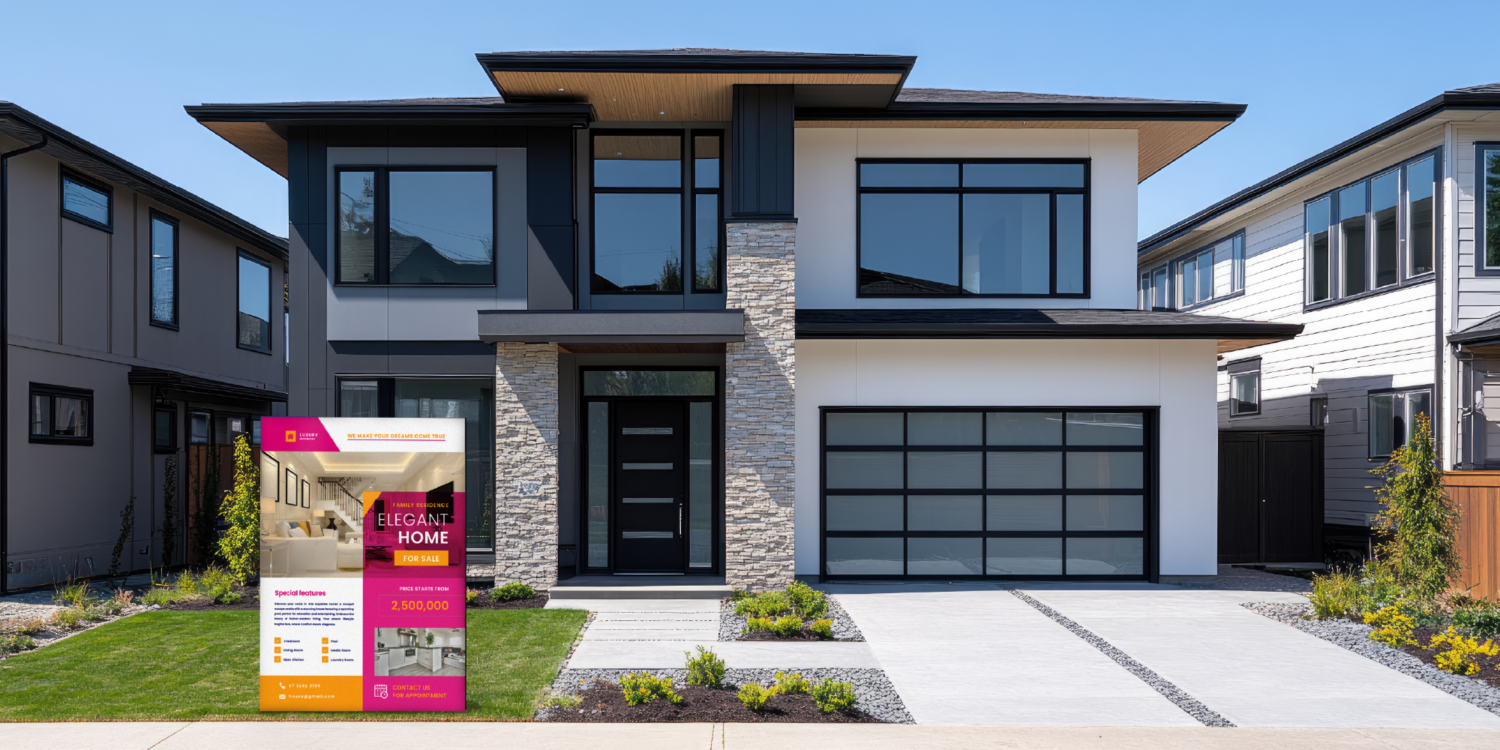 High-quality real estate for sale sign displayed outside a modern home, showcasing professional real estate printing. Essential print marketing collateral business.