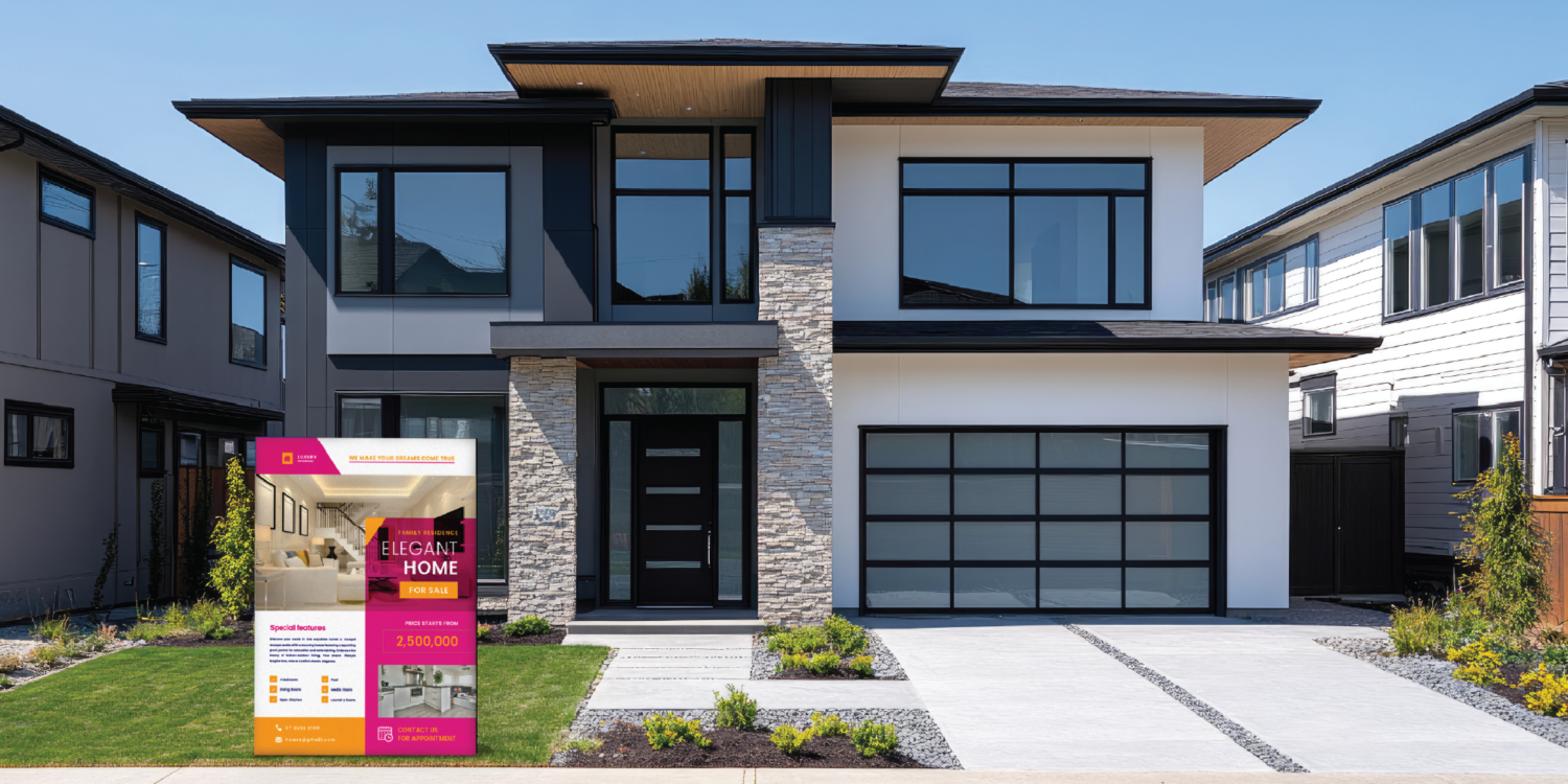 Vibrant ‘For Sale’ real estate sign in pink and yellow, standing in front of a modern home. Real Estate Brochures and Printing in Brisbane.