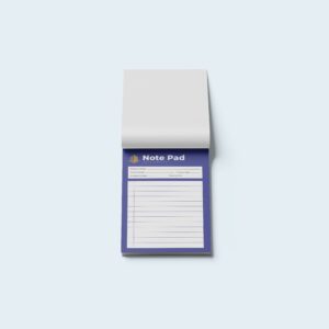 Real estate notepad custom-printed with blue design, including sections for property details, client information, and transaction tracking.