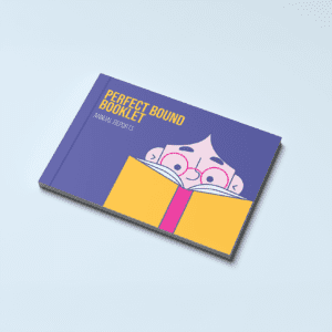 Perfect bound booklet mockup featuring a blue and yellow cover with a cartoon figure holding an open book, titled 'Annual Reports.