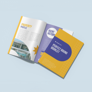 Portrait perfect bound booklet containing a property profile for a real estate agent