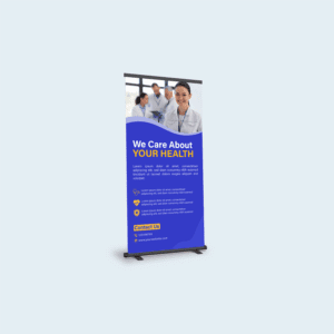 Healthcare pull-up banner in blue and white design with a smiling doctor, contact information, and text emphasizing health care services.