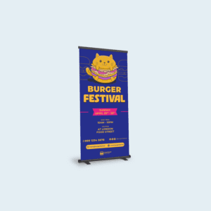 Burger Festival pull-up banner with blue and yellow design, featuring a cartoon cat on a burger and event details for a food festival, including date, time, and location.