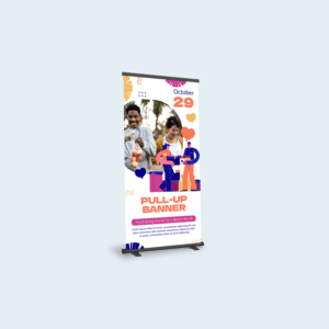 Charity pull-up banner with a fundraising theme, showcasing a mix of real and illustrated elements, including people helping and text details about the event date and purpose.