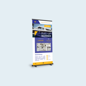 Real estate pull-up banner with a blue and yellow theme, displaying a house for sale, price, property features, and contact information.