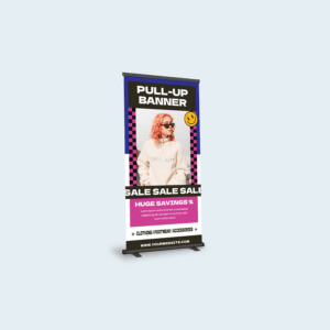 Retail sale pull-up banner with bold pink and black design, featuring a model, sale text, and details about discounts on clothing, footwear, and accessories.
