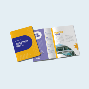 Portrait saddle stitch booklet containing a real estate property profile