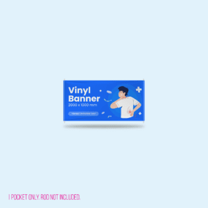 Blue vinyl banner for a therapy center, dimensions 2000x1000mm, featuring an illustrated person holding their back in pain, with text indicating 'Therapy Centre Now Open' and a note about rod pockets.