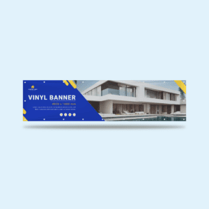 Blue and yellow vinyl banner advertising a luxury residence, dimensions 4000x1000mm, with a large image of a modern house and promotional text.