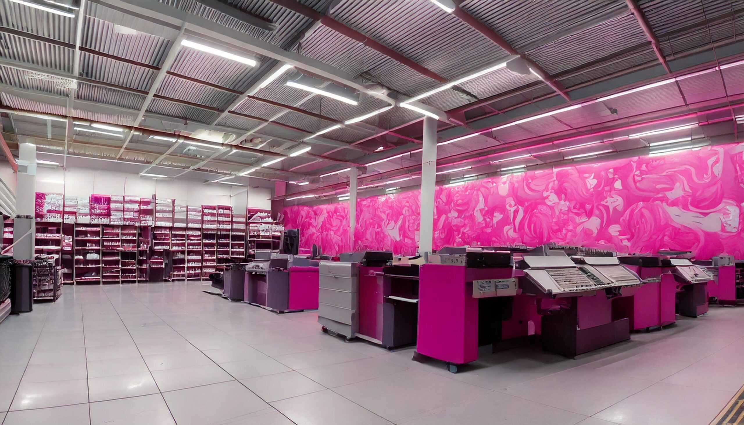 CTRLPrint Print production warehouse with hot pink wall murals and print equipment