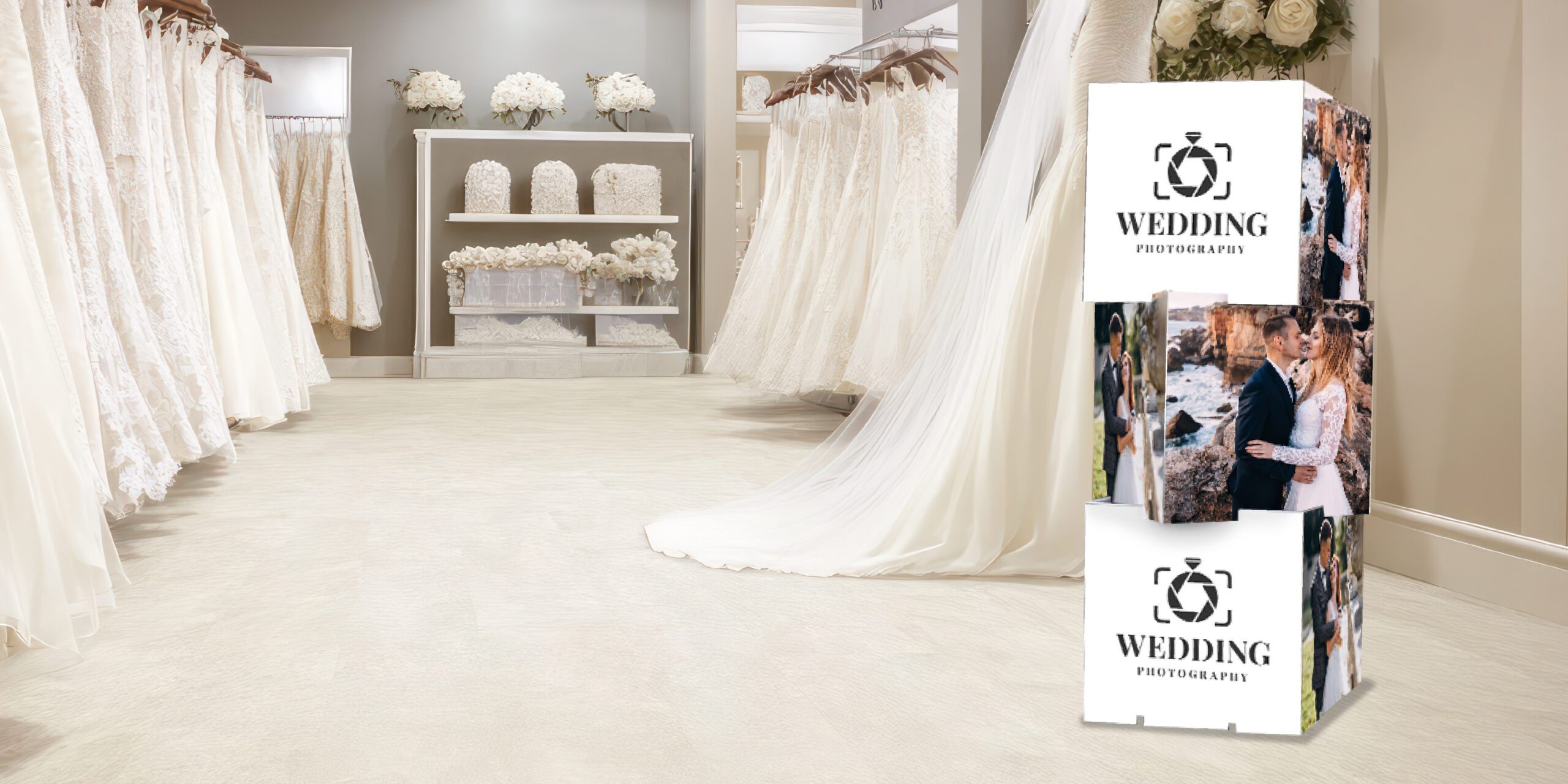 Wedding Expo Display Ideas - 3 stacked corflute display cubes promoting a wedding photography business in a fancy boutique setting