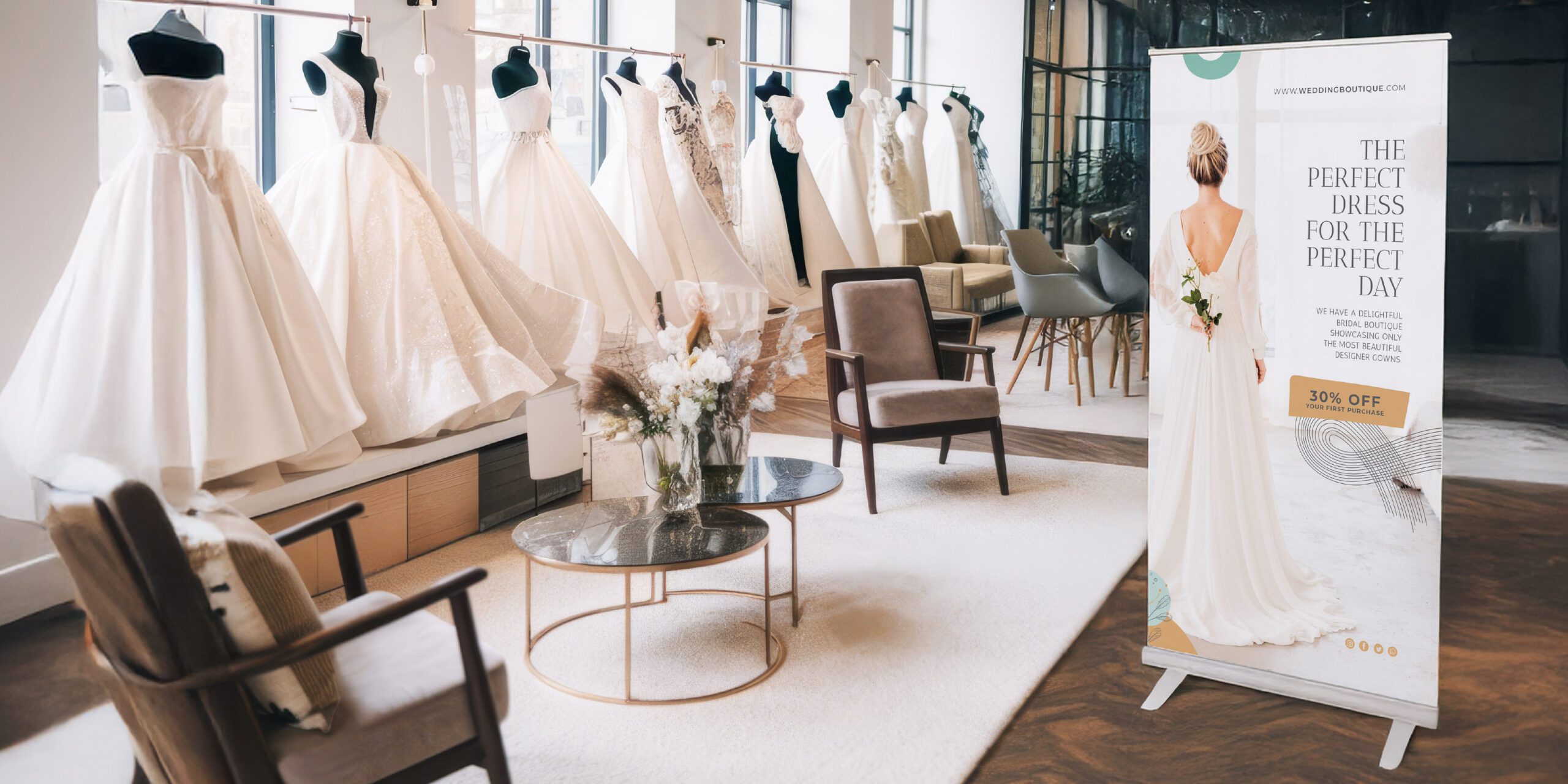 Wedding Expo Display Ideas - pull up banner promoting bridal gowns at a wedding expo with gowns on display behind it