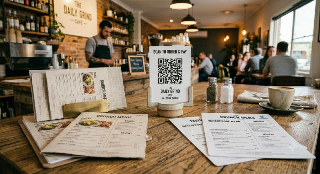 Cafe in Brisbane with menus, flyers, qr codes laminated strut