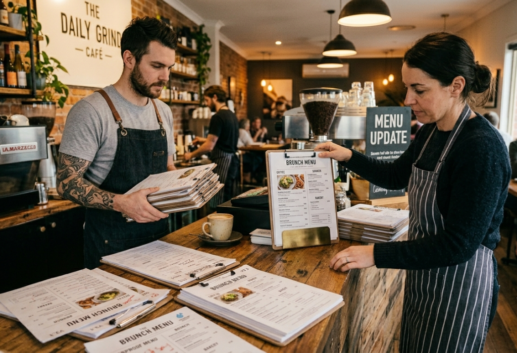 Hospitality staff replacing printed menus at a cafe in Brisbane